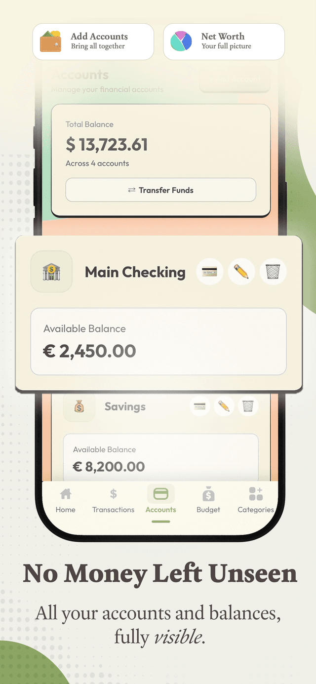 Wealtie accounts screen with balances across cards and cash