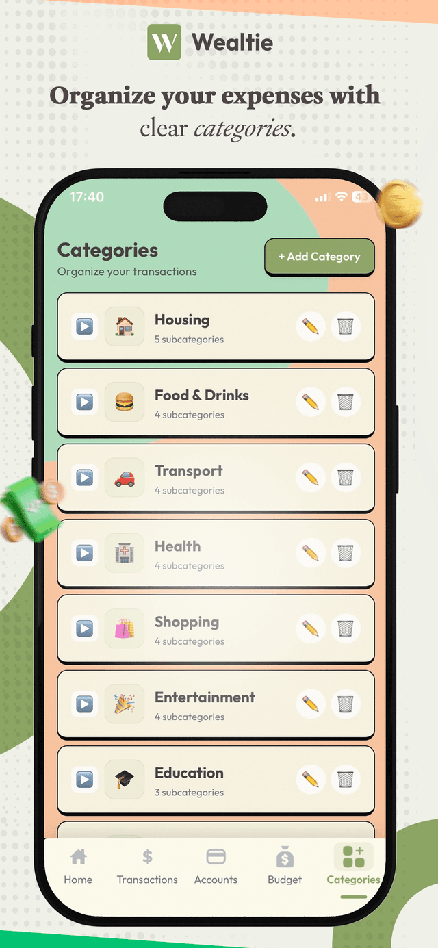 Wealtie custom and nested spending categories